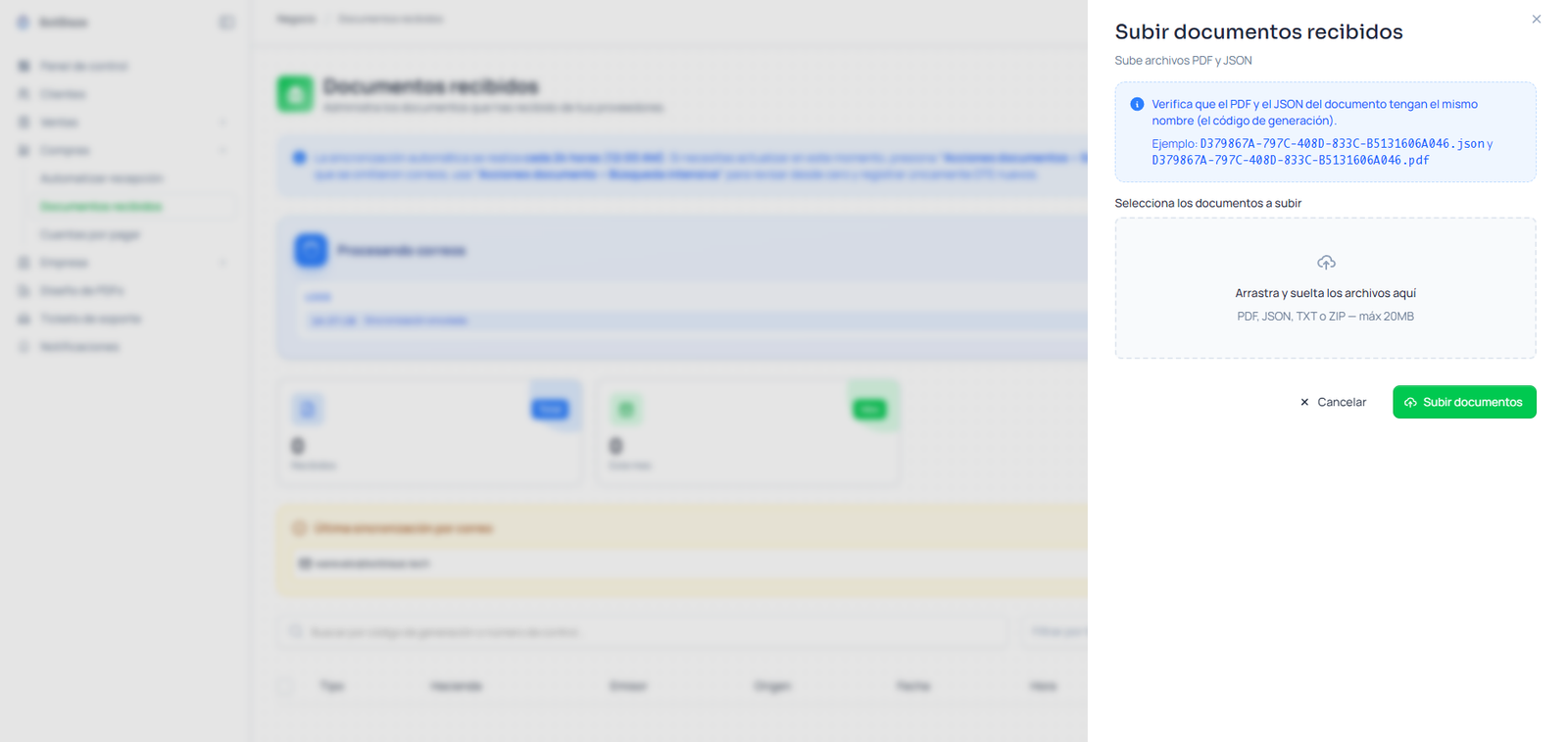 Adjunta PDF y JSON del documento para subida