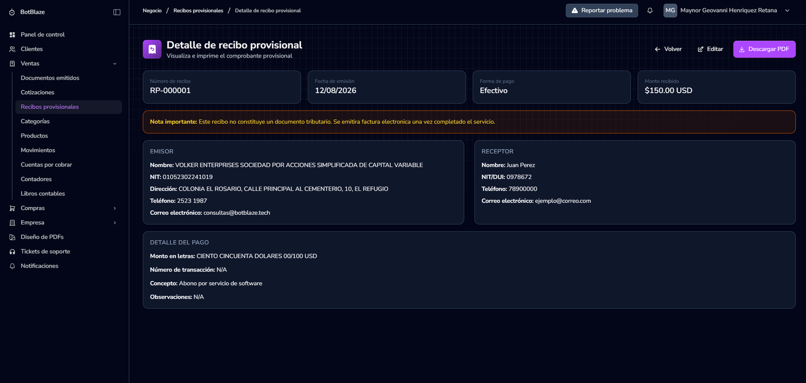 Detalles del recibo provisional